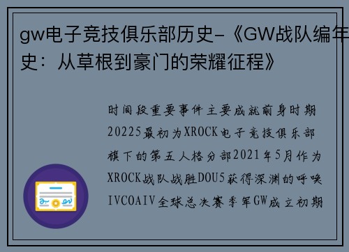 gw电子竞技俱乐部历史-《GW战队编年史：从草根到豪门的荣耀征程》